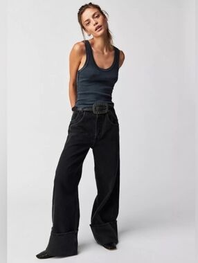 We The Free People Black Final Countdown Low-Rise Wide-Leg Cuffed Jeans